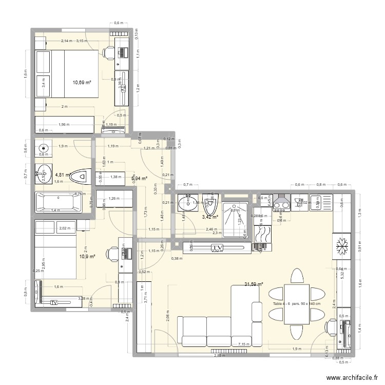 SNP. Plan de 10 pièces et 68 m2