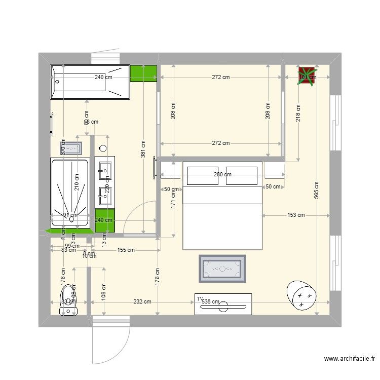Chambre Parentale 4. Plan de 3 pièces et 34 m2