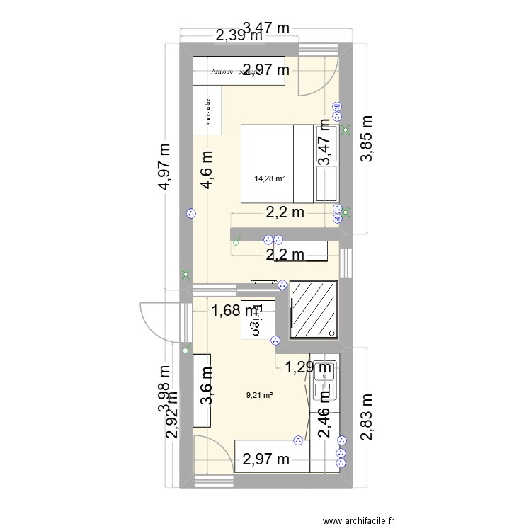 Extension. Plan de 2 pièces et 23 m2
