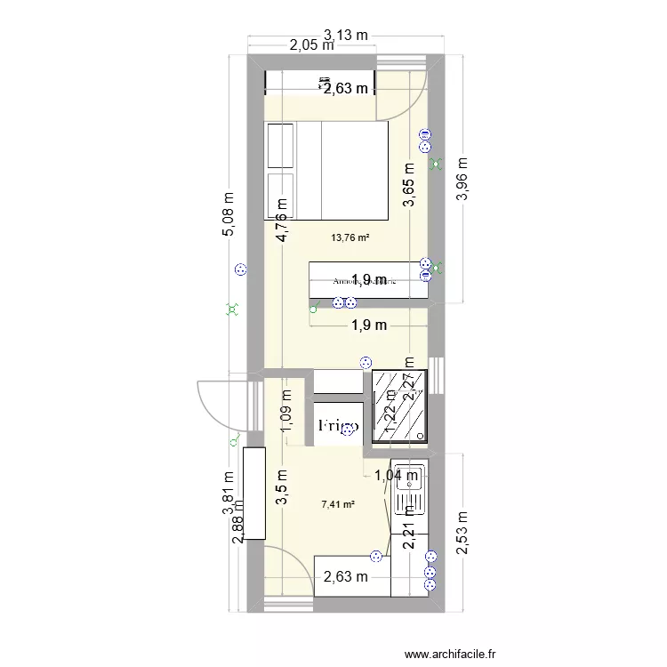 Extension. Plan de 2  et 21 m²
