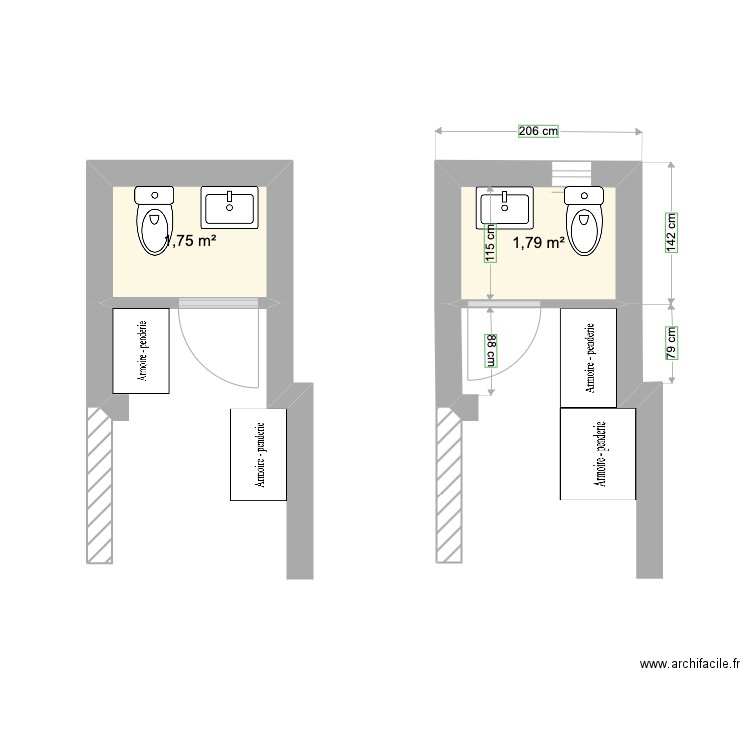 Baños entrada. Plan de 2 pièces et 4 m2