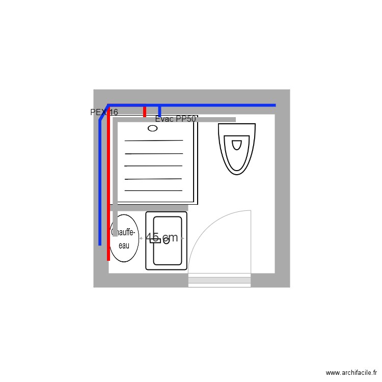 SDB trois escabelles. Plan de 1 pièce et 3 m2