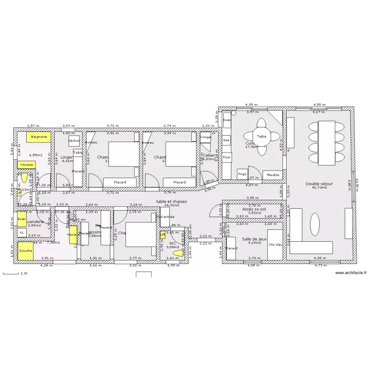 Longère plain-pied, 3 chambres, salle de jeux, dressing, lingerie, buanderie, cellier, sur sous-sol complet. Plan de Longère plain-pied, 3 chambres, salle de jeux, dressing, lingerie, buanderie, cellier, sur sous-sol complet. Plan de