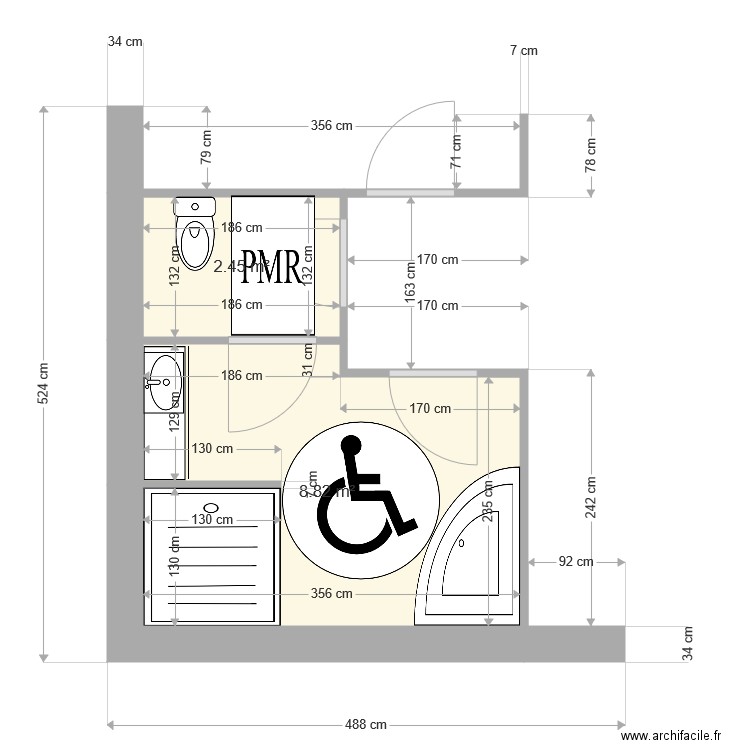 SdB PMR. Plan de 0 pièce et 0 m2