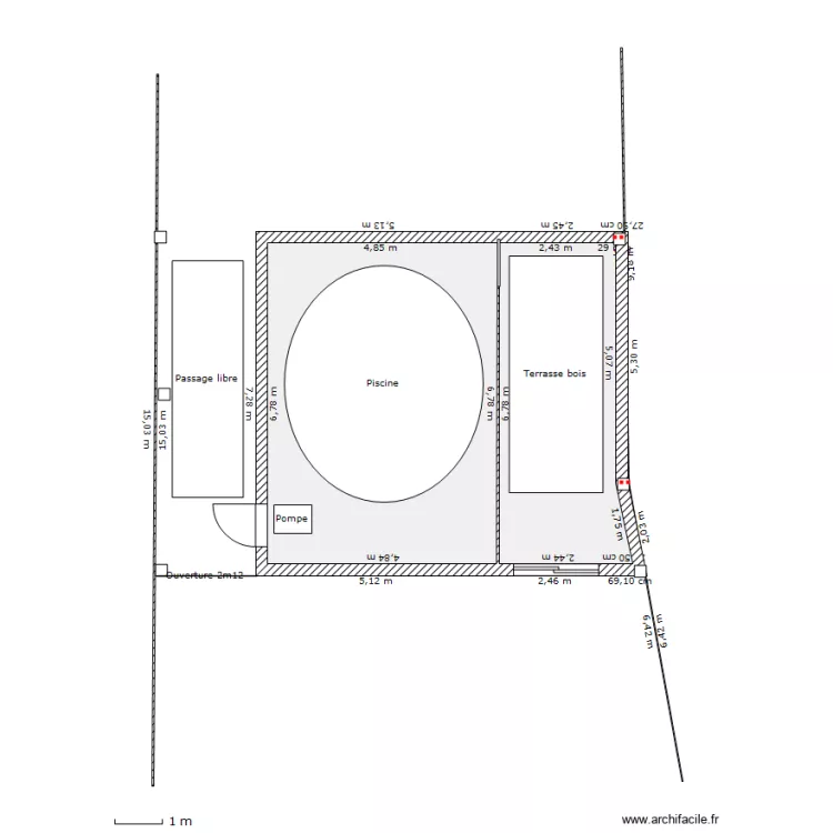 piscine version base avec fermeture au droit de la limite de propriete. Plan de 