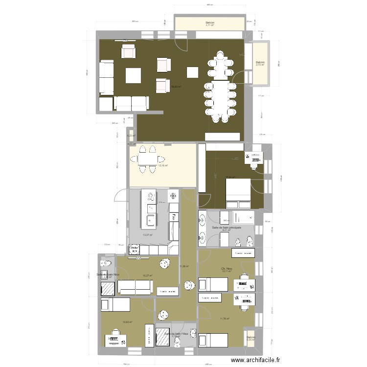 Diagonal 672 Zone jour v5. Plan de 17 pièces et 177 m2