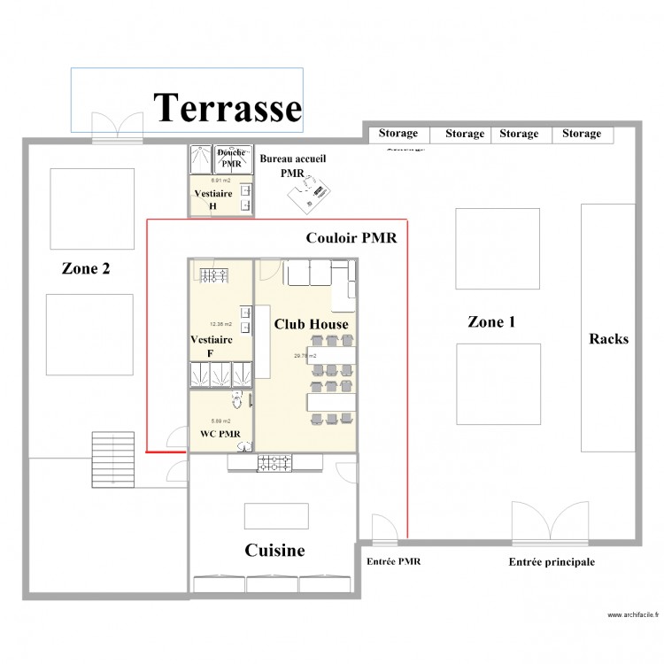 RdC 1 équipements. Plan de 4 pièces et 55 m2