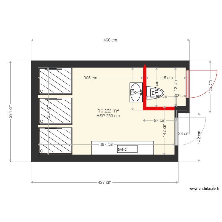 vestiaire h. Plan de 1 pièce et 10 m2