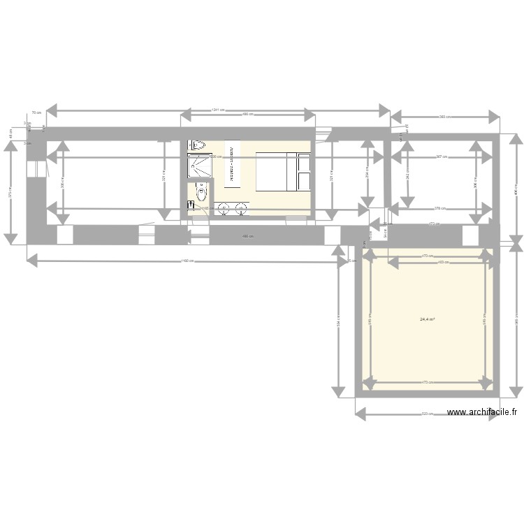cinéma et chambre sdb. Plan de 3 pièces et 37 m2