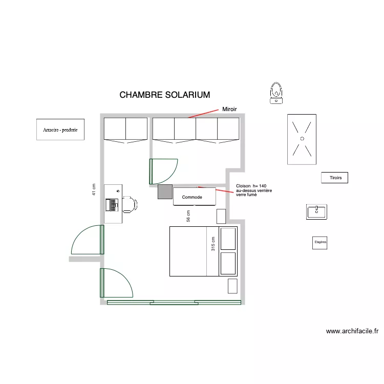 Chambre &eacute;l&eacute;ment cuis sanibroyeur petite douche. Plan de 