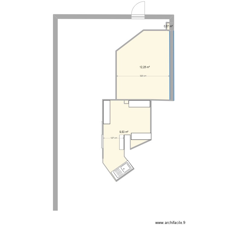 barbote cuisine wc. Plan de 4 pièces et 22 m2