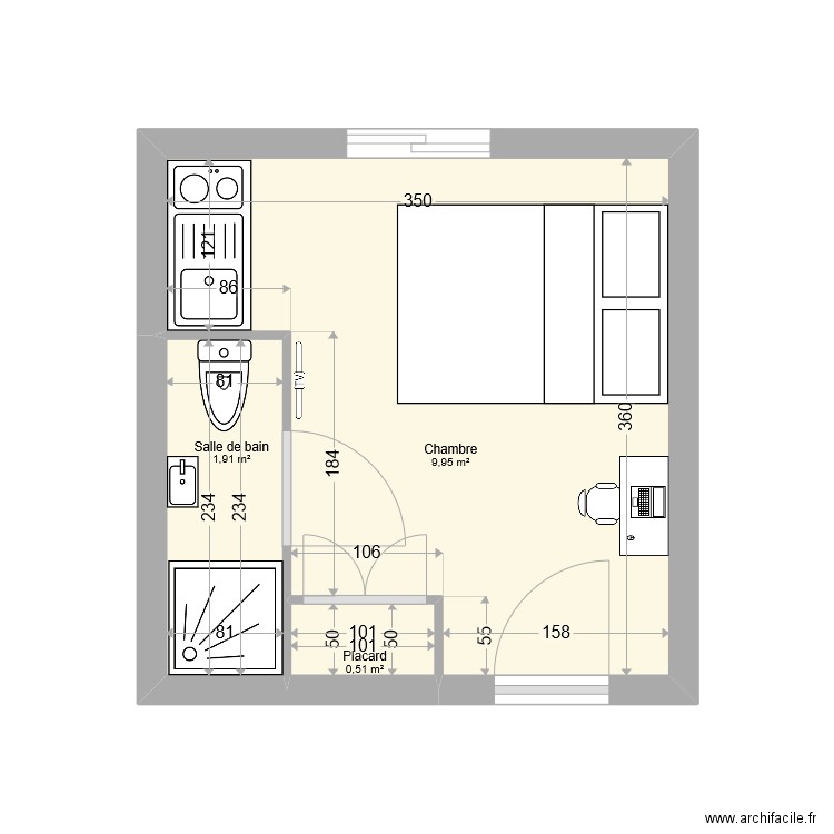 Chambre Mvogbi 3. Plan de 3 pièces et 12 m2
