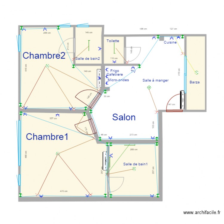 electricité appartement. Plan de 6 pièces et 52 m2