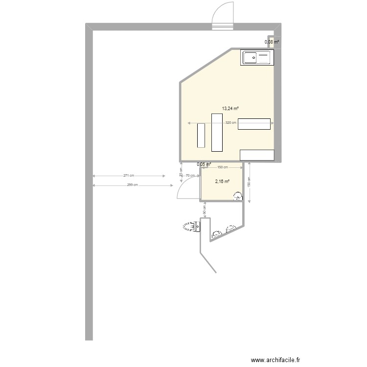 barbote cuisine wc test inversion. Plan de 4 pièces et 16 m2