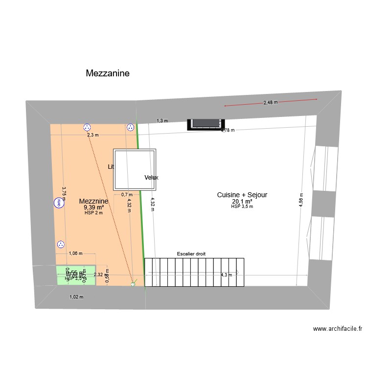 Mezzanine. Plan de 3 pièces et 30 m2