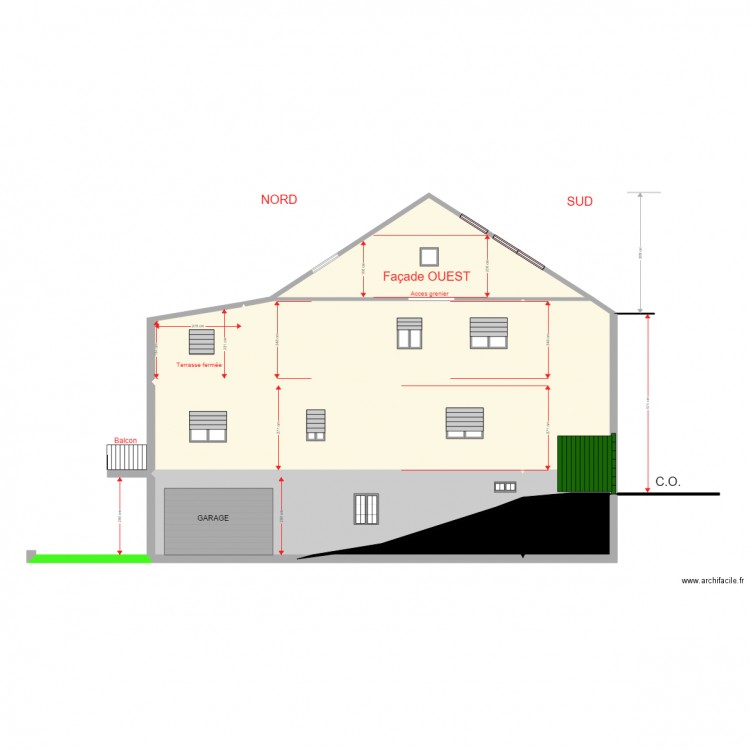 Profil OUEST rampe acces garage terrasse fermée. Plan de 0 pièce et 0 m2
