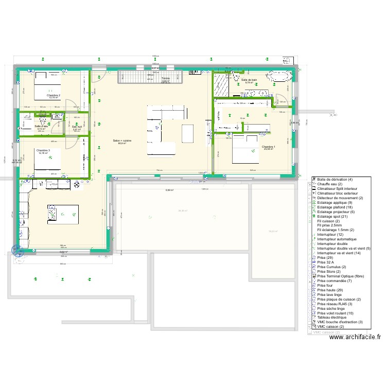 Plan circuits électriques chauffage/pompe à chaleur. Plan de 23 pièces et 375 m2