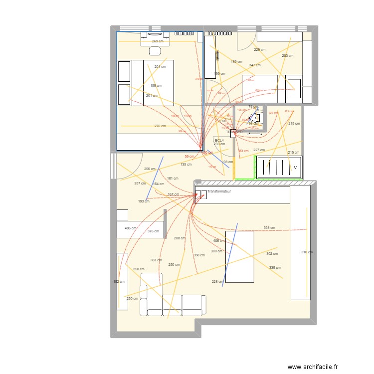 Plan general avec calques. Plan de 5 pièces et 66 m2