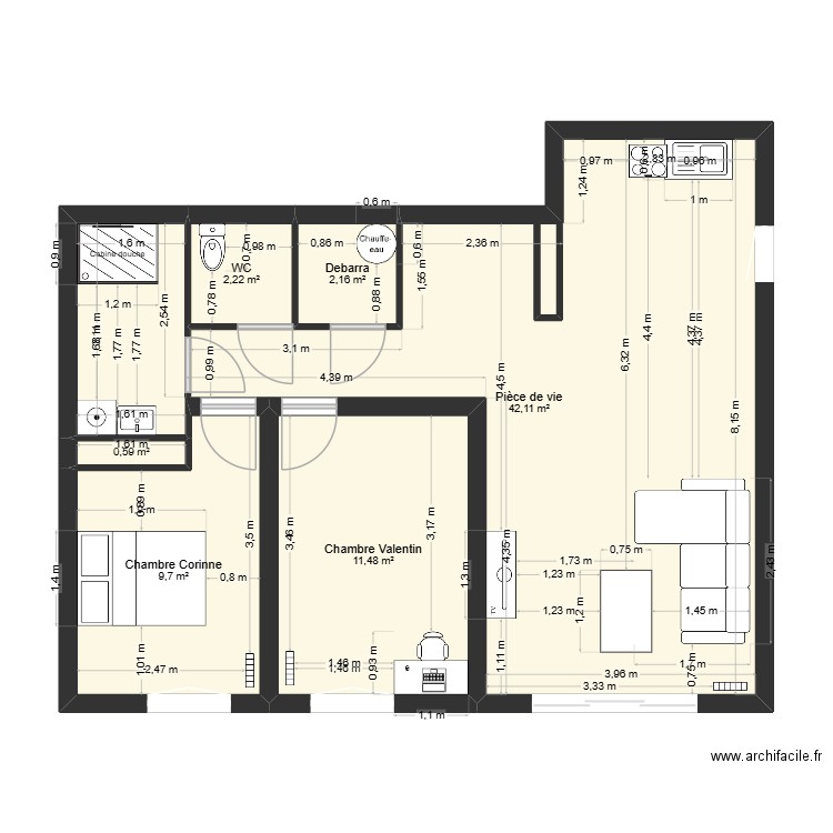 plan apt corinne. Plan de 6 pièces et 68 m2