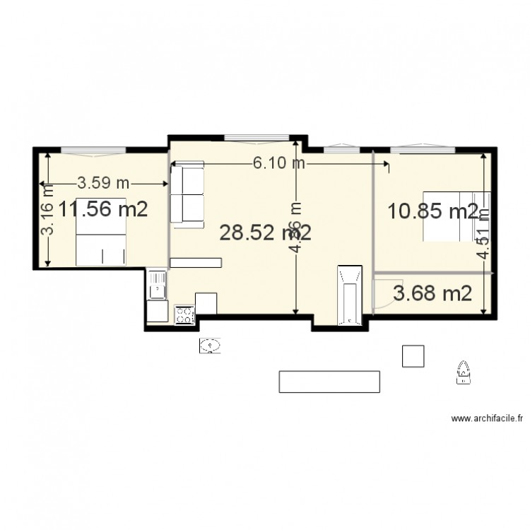 3 pieces ver 3. Plan de 0 pièce et 0 m2