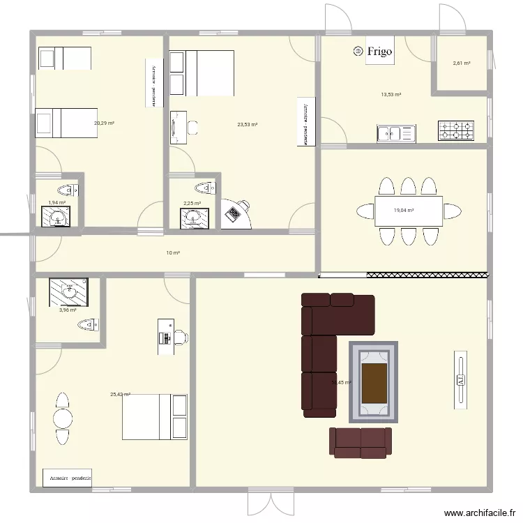 plan de 3 chambres salon avec salle &agrave; manger et cuisine . Plan de 