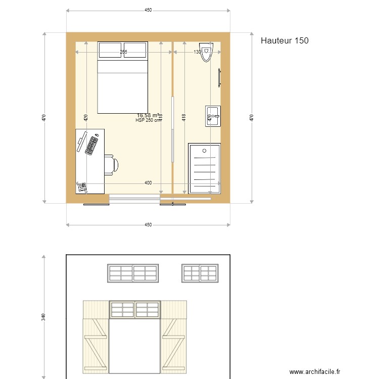 Cabanon470400façade. Plan de 2 pièces et 33 m2