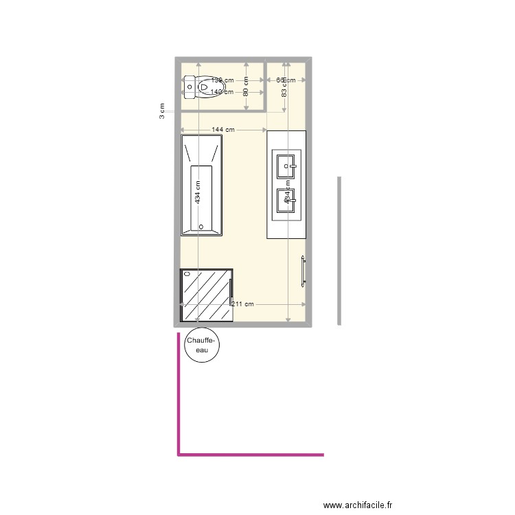 SDB Appart rouge. Plan de 1 pièce et 9 m2