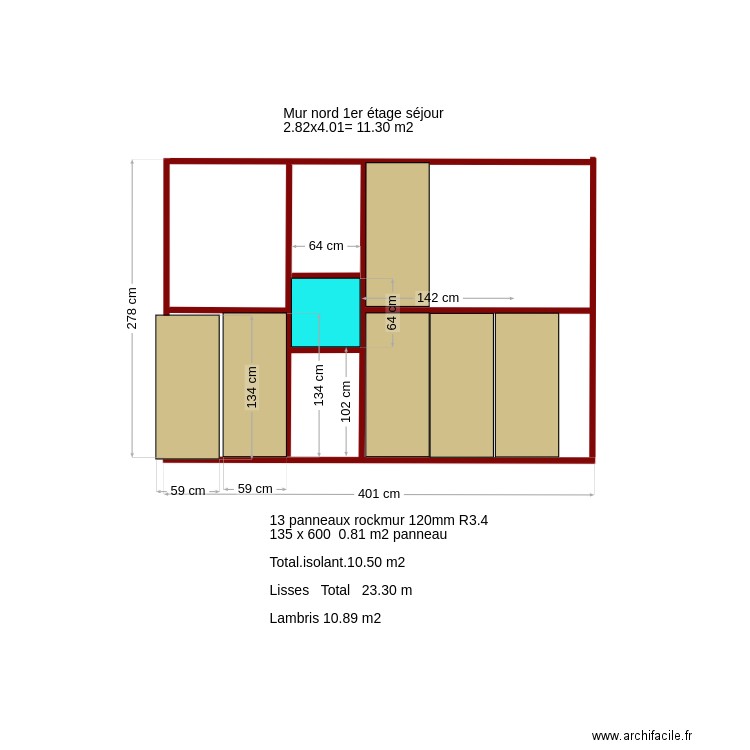 mur nord 1er  étage  isolation . Plan de 0 pièce et 0 m2