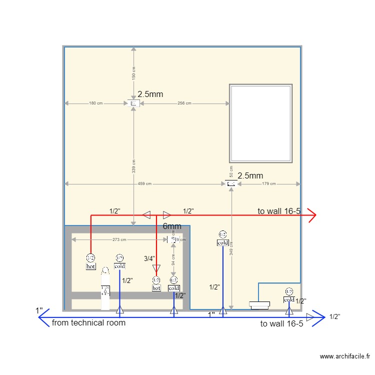 wall 16 6 cabinet and piping X 3. Plan de 4 pièces et 48 m2