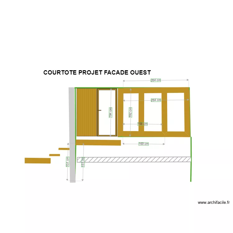 PLAN FACADE COURTOTE  OUEST baie vitr&eacute;e petits carreaux. Plan de 