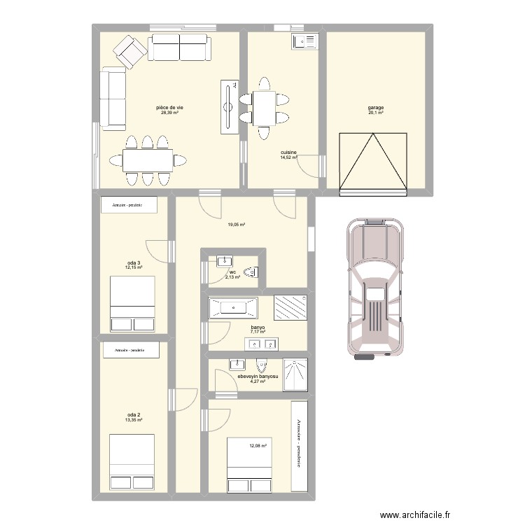 evv. Plan de 10 pièces et 133 m2