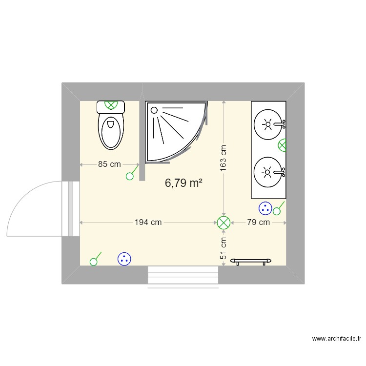 salle de bains les Mouriers. Plan de 1 pièce et 7 m2