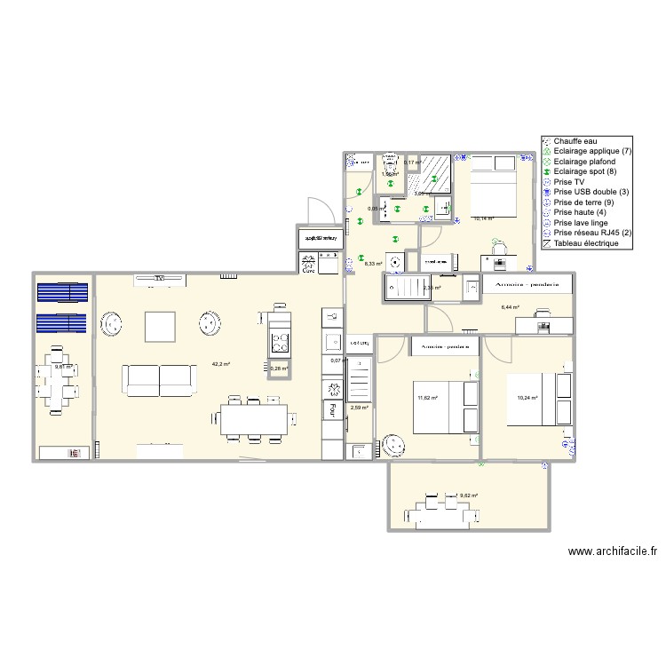 Santa Clara 2 face mer version famille V7. Plan de 17 pièces et 119 m2