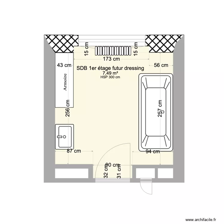 SDB 1er &eacute;tage actuel futur dressing. Plan de 