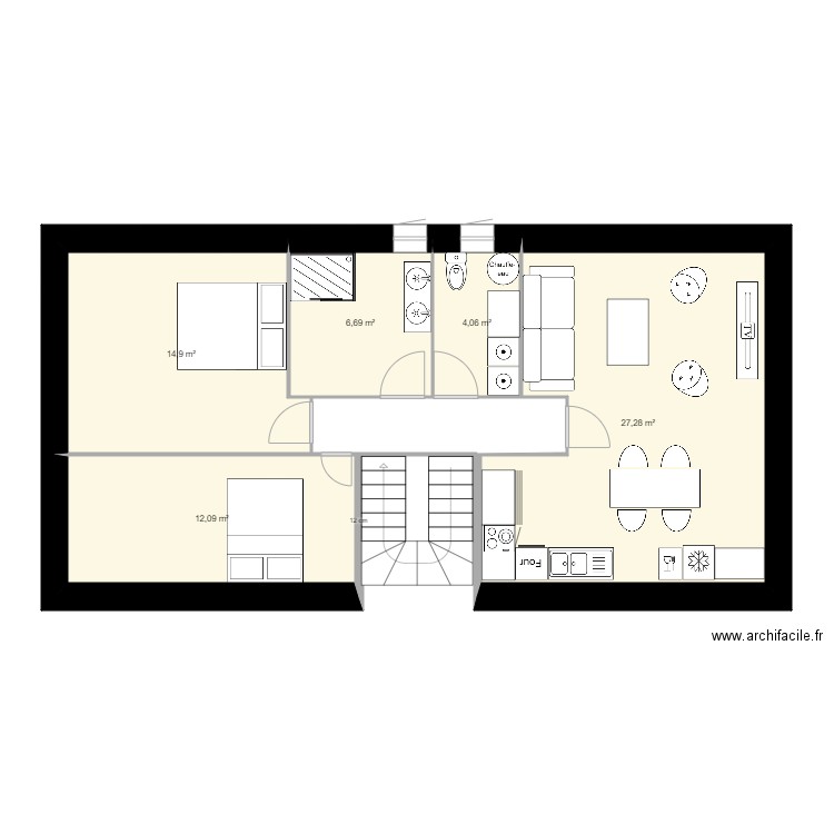 1JP 3ET. Plan de 5 pièces et 65 m2