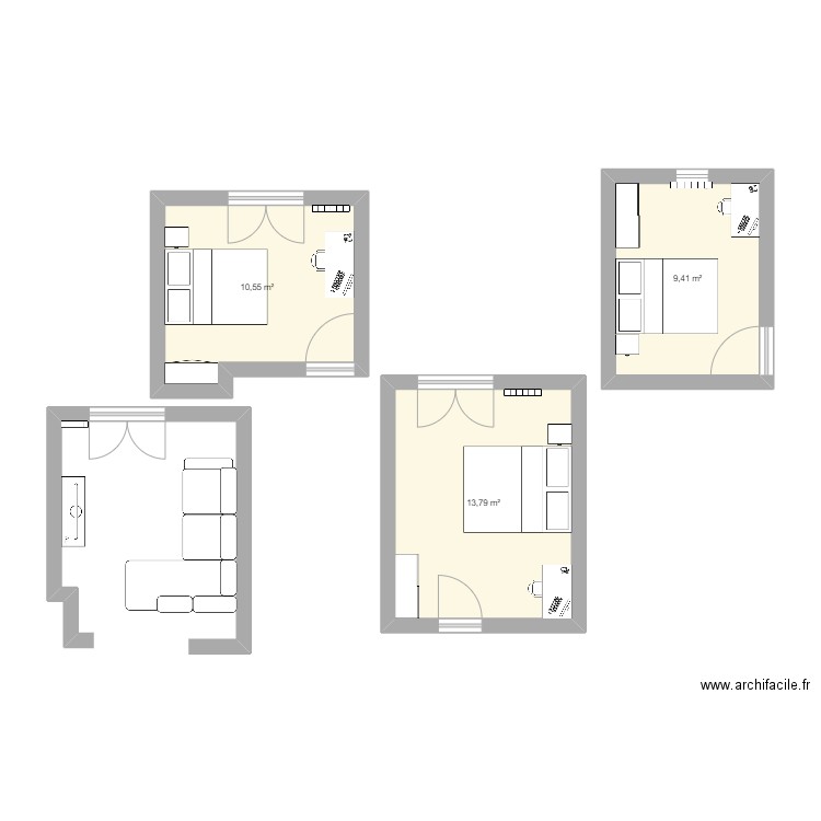 Chambres. Plan de 3 pièces et 34 m2