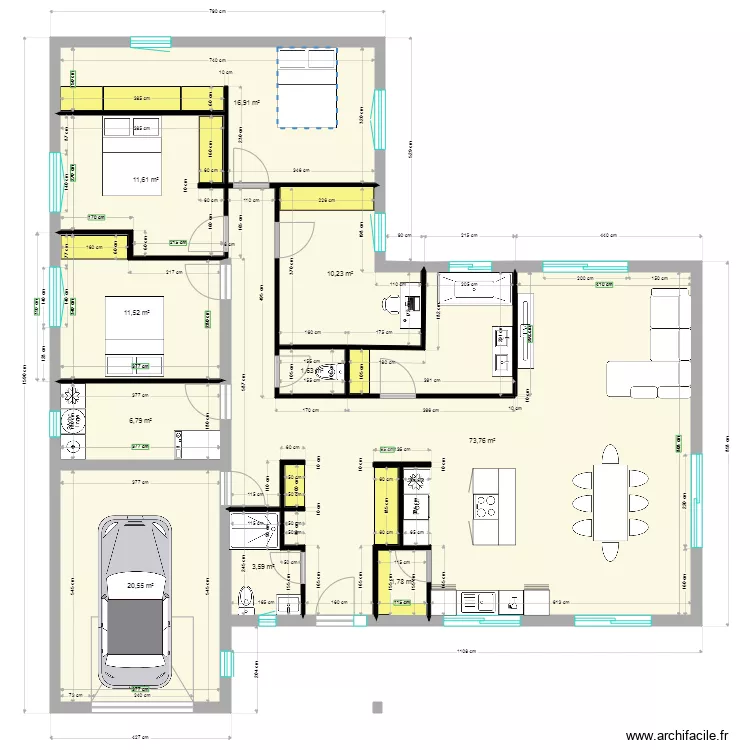 Maison L plain pied 149m2. Plan de 