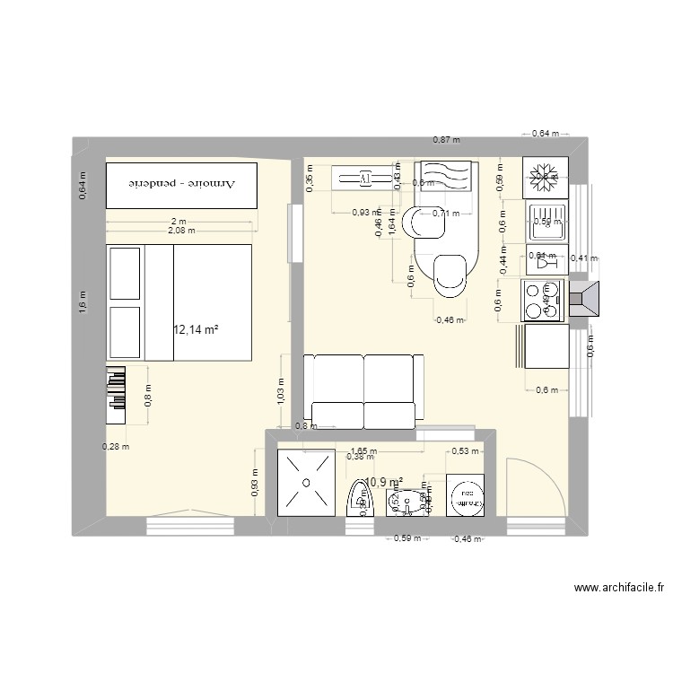 piece T2 . Plan de 2 pièces et 15 m2