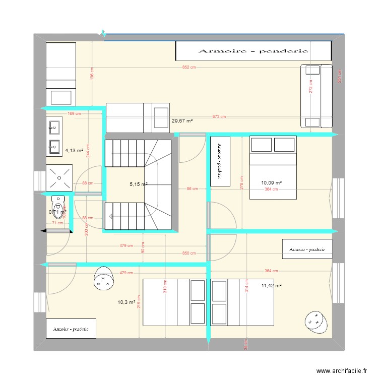 St-Girons // Aménagement étage VF 1. Plan de 7 pièces et 71 m2