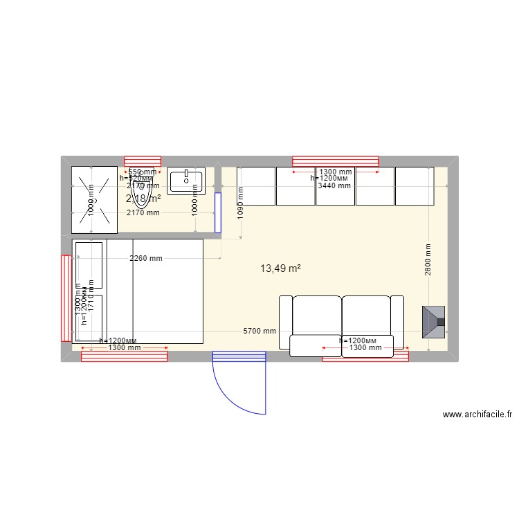  18 Афанасово. Plan de 2 pièces et 16 m2