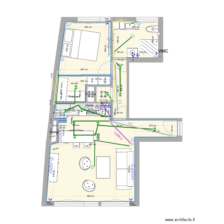 Mathilde Projet Electricité Eclairage. Plan de 5 pièces et 46 m2