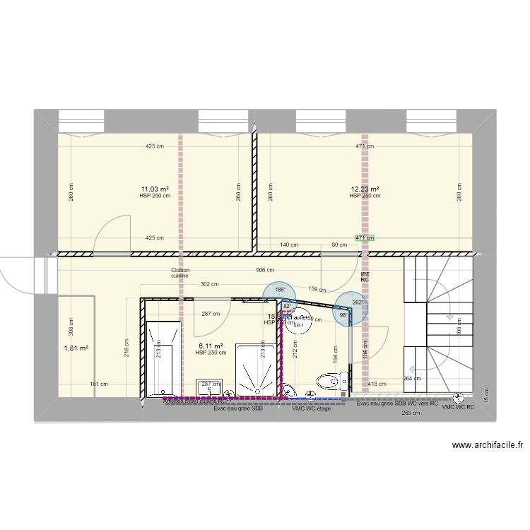 République étage plomberie V1. Plan de 6 pièces et 104 m2