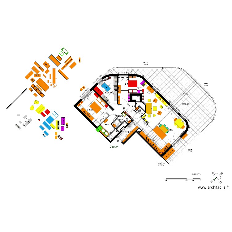 FINAL plan indice 25 chevets bois conservés sdb double vasque sans galandage canapé face terrasse Armoire CELIO 240 in Ch 4  et Pantalonniere in Ch 3 Piano out. Plan de 0 pièce et 0 m2