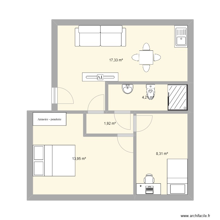 Bajo Derecha v1. Plan de 5 pièces et 46 m2