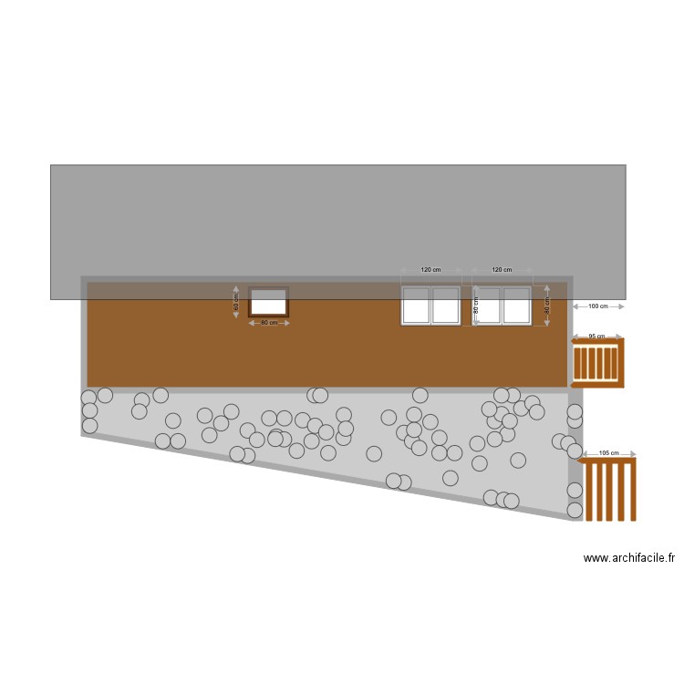 façade est. Plan de 3 pièces et 35 m2