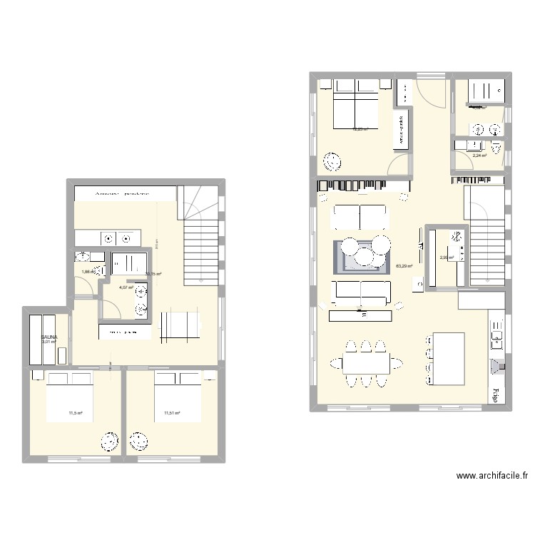 Maison 2 Niveaux variante 2. Plan de 11 pièces et 151 m2