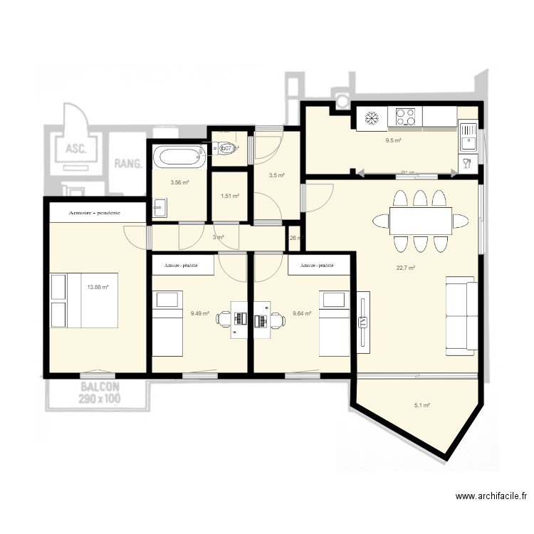 Parly 2 Type 1  3 Chambres. Plan de 0 pièce et 0 m2