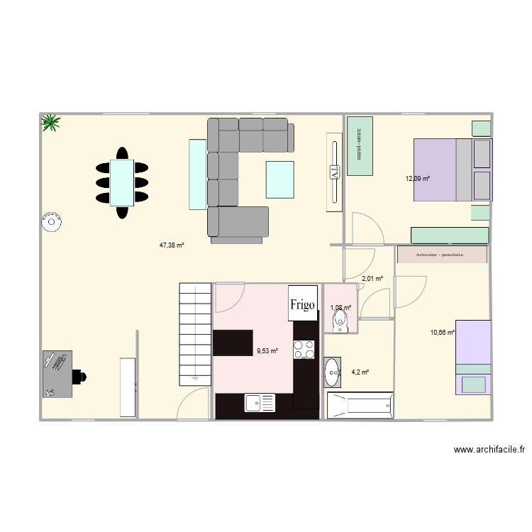 RDC. Plan de 7 pièces et 87 m2