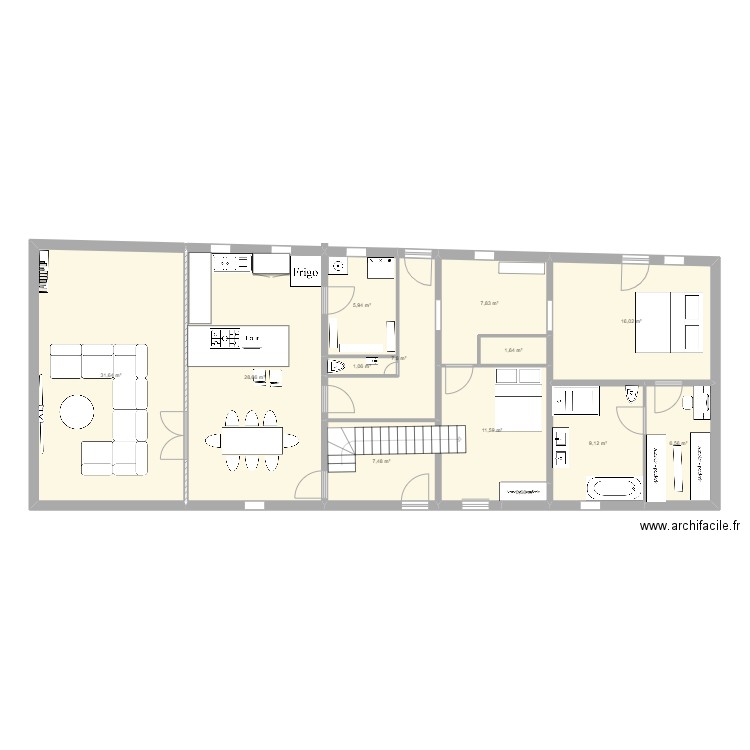 Plan 1 RDC. Plan de 13 pièces et 136 m2