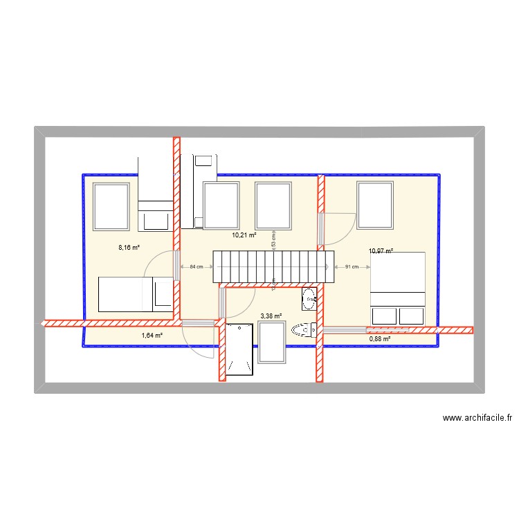 roscoff2022projet combles stagiaire modifié escalier droit. Plan de 6 pièces et 35 m2